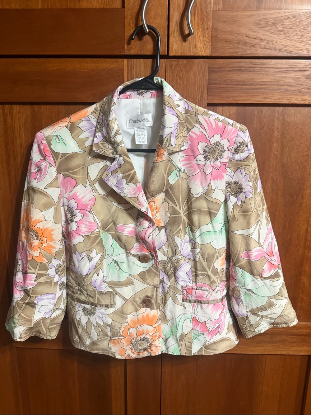 Chadwicks Floral Cropped Blazer in Tan with Pink, Orange & Mint Accents